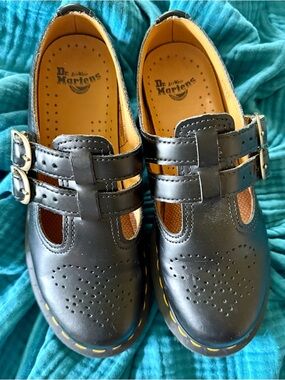 Dr. Martens Black Double-Strap Mary Jane Flats with Yellow Welt Stitching